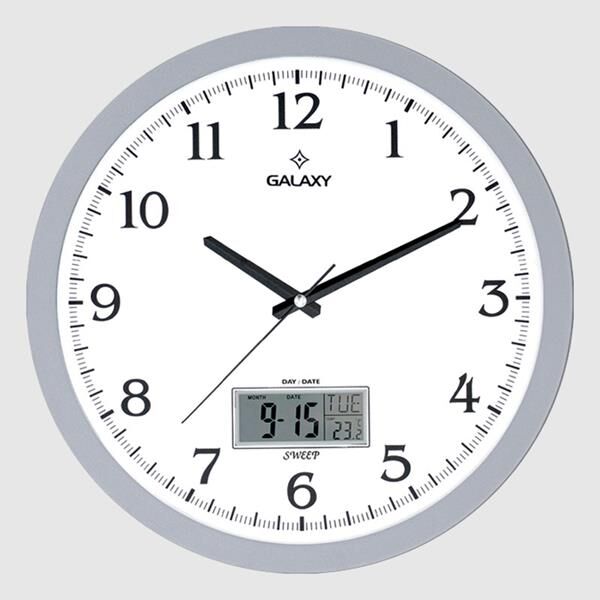 DUVAR SAATİ GRİ ÇERÇEVELİ 35.5CM TAKVİMLİ TERMOMETRELİ HİGROMETRELİ ANALOG VE DİJİTAL GÖSTERGELİ AMERİKAN BRİSTOL KADRAN AKAR SANİYELİ MEKANİZ METALİK AKREP/YELOKOVAN/SANİYE MİNERAL CAM
