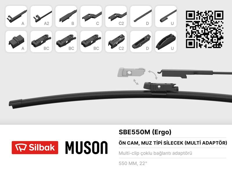 SİLECEK SÜPÜRGESİ MUZ TİPİ 550mm A. BC.C2.D VE U TİPİ KOLLAR ICIN MULTİ ADAPTORLÜ
