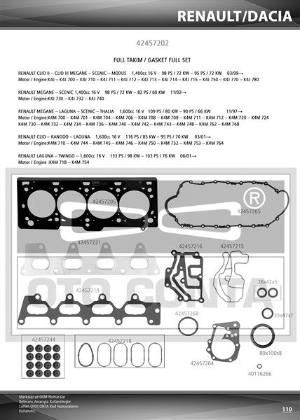 MOTOR TAKIM CONTASI MGN-CLIO-LGN-LOGAN 1.4-1.6 16V K4J-K4M KEÇELİ SUBAP LASTİKLİ