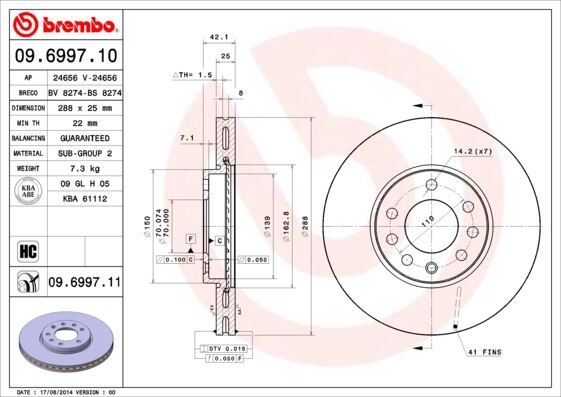 ÖN FREN AYNASI VECTRA B 96 02 SAAB 9-2/9-3 93 03 288x25x7DLxHAVALI 32025723-569357-93182306