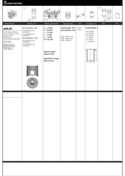 PİSTON KİTİ 1 89 STD OPEL-RENAULT MASTER II 25 DCİ OPEL/MOVANO BOX MOVANO PLATFORM VİVARO BOX VİVA RO PLATFORM G9U EURO 3-720/724/730/750/754
