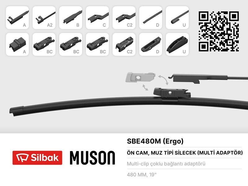 SİLECEK SÜPÜRGESİ MUZ TİPİ 480mm A. BC.C2.D VE U TİPİ KOLLAR ICIN MULTİ ADAPTORLÜ