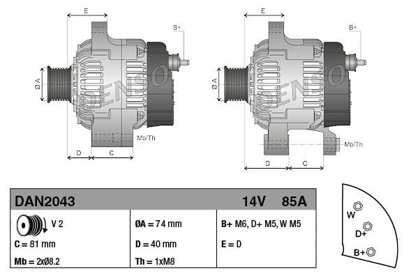 ALTERNATOR DAN2043 ALT A115 14V 85A